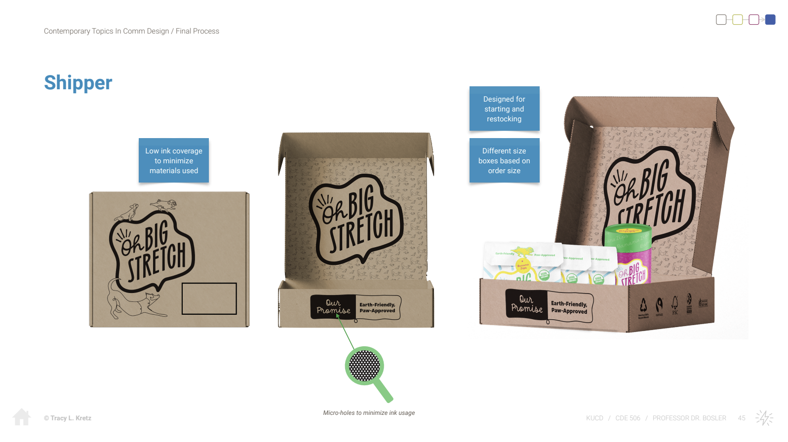 Oh Big Stretch pet product shipping boxes showing eco-friendly packaging design with minimal ink coverage and micro-holes.